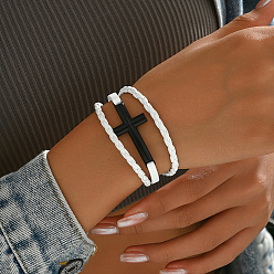 Белый Плетеные браслеты из искусственной кожи в стиле панк, украшения из цинкового сплава для мужчин и женщин, крестик, белые, 7-7/8 дюйм (20 см), внутренний диаметр: 8-1/4 дюйм (21 см)