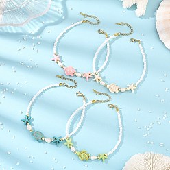 Color mezclado Tobilleras de turquesa sintética teñida en verano, perlas naturales y cuentas de semillas., tobilleras de estrella de mar con forma de tortuga, dorado, color mezclado, 9-1/8 pulgada (230 mm)