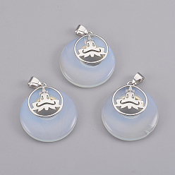 Опал Opalite подвески, с латунной фурнитурой платинового цвета, плоские круглые с Буддой, 32x28x7 мм, отверстие : 4x5 мм