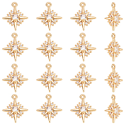 Настоящее золото 18K 16 кулоны из латуни с прозрачным кубическим цирконием, звезды прелести, реальный 18 k позолоченный, 14x12x3.2 мм, отверстие : 1 мм