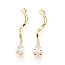 Настоящее золото 18K Латунные микропаве прозрачные подвески с фианитом, без никеля , реальный 18 k позолоченный, 28.5x5x4 мм, отверстие : 1.4 мм