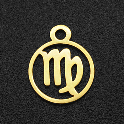 Дева 201 прелести нержавеющей стали, плоские круглые с созвездием, золотые, Дева, 13.4x10.8x1 мм, отверстие : 1.5 мм