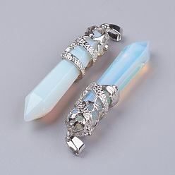 Opalite Opalite Big Pointed Pendants, with Alloy Findings, Faceted, Bullet, Platinum, 59~63x11~12mm, Hole: 4x7mm