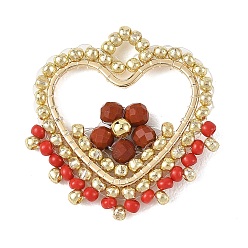 Red Jasper Natural Red Jasper Faceted Round Beaded Copper Wire Wrapped Pendants, Brass Heart Charms with Glass Seed Beads, Golden, 27x26x3.5mm, Hole: 3.5mm