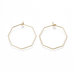 Настоящее золото 18K Латунная фурнитура для хооп серег, Винные стекла, восьмиугольник, без никеля , реальный 18 k позолоченный, 20 датчик, 30~31x28x0.8 мм , штифт: 0.8 мм