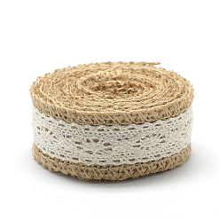 Tan Burlap Ribbon, Hessian Ribbon, Jute Ribbon, with Cotton Lace, for Jewelry Making, Tan, 1-1/8 inch(27~28mm), about 2.187yards/roll(2m/roll), 24rolls/bag
