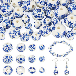 Bleu 40pcs 4 styles de perles en porcelaine faites à la main, rond avec motif tournesol, porcelaine émaillée lumineux, bleu, 6~12mm, Trou: 1.6~2mm, 10 pcs / style