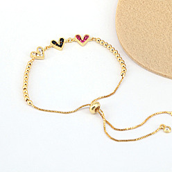 (52) Непрозрачная лаванда Регулируемые браслеты-слайдеры с цепочкой-коробкой, латунные браслеты-цепочки с микропаве из кубического циркония в форме сердца для женщин, золотые, разноцветные, 5-7/8~9-7/8 дюйм (15~25 см)