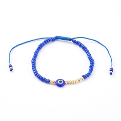 Синий Регулируемые нейлоновые шнур плетеный браслеты из бисера, со стеклянными бисеринами, сглаз бусины лэмпворк и латунные бусины, золотые, синие, внутренний диаметр: 1-7/8~3-3/8 дюйм (4.8~8.5 см)