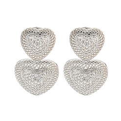 Platinum Heart Brass Pave Clear Cubic Zirconia Dangle Stud Earrings, Platinum, 30x18mm