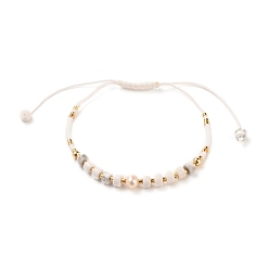Howlite Adjustable Nylon Thread Braided Bead Bracelets, with Column Natural Howlite Beads, Natural Pearl Beads, Glass Beads and Brass Beads, Inner Diameter: 1-1/2~3 inch(3.8~7.6cm)