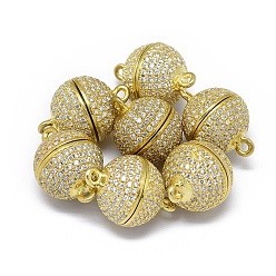 Настоящее золото 18K Реечное покрытие латунь micro pave кубический цирконий магнитные застежки с петлями, сильный магнит n 45, долговечный, круглые, прозрачные, реальный 24 k позолоченный, 16x12 мм, отверстие : 1 мм