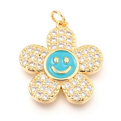 Темно-бирюзовый Латунные микропаве прозрачные подвески с фианитом, с эмалью и кольцами для прыжков, долговечный, цветок с улыбающимся лицом, реальный 18 k позолоченный, темные бирюзовый, 24x22x3 мм, отверстие : 3 мм
