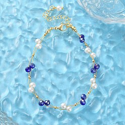 Прусский Синий Браслеты из искусственного жемчуга и стеклянных бусин для женщин, с 304 фурнитурой из нержавеющей стали, золотые, берлинская лазурь, 6-7/8 дюйм (17.6 см)
