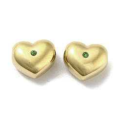 Plaqué 14K Or Véritable 304 billes d'acier inoxydable, avec péridot strass, cœur, réel 14 k plaqué or, 8.5x10x6mm, Trou: 1.5mm