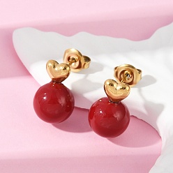 Настоящее золото 14K 304 серьги из нержавеющей стали эмаль, ионное покрытие (ip), сердце и круглый, реальный 14 k позолоченный, 15x10 мм