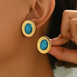 Бирюза Винтажные серьги-гвоздики из нержавеющей стали с бирюзой, овальные, золотые, 23x13 мм