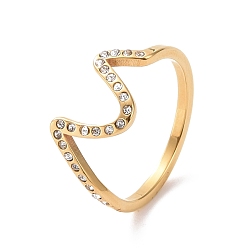 Golden Kristall-Strass-Wellen-Fingerring, Ionenplattieren (IP) 304 Edelstahlschmuck für Frauen, golden, us Größe 6~9 (16.5~18.9 mm)
