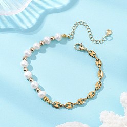 Настоящее золото 18K Браслеты из натурального культивированного пресноводного жемчуга и гальванизированного немагнитного синтетического гематита для женщин, с 304 цепями для кофейных зерен из нержавеющей стали, реальный 18 k позолоченный, 7-3/4 дюйм (19.6 см)