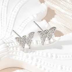 Платина Серьги-гвоздики из латунного микро-паве, стойки покрытие, без свинца и без кадмия, бабочка, платина, 10x12.5 мм