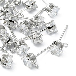 Real Platinum Plated SHEGRACE Brass Clear Cubic Zirconia Flat Round Stud Earring Findings, Cadmium Free & Nickel Free & Lead Free, with Loop, Real Platinum Plated, 8x6mm, Hole: 1mm