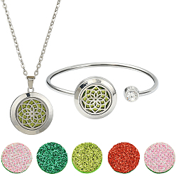 Цветок 1 браслеты-манжеты из нержавеющей стали с открытыми концами и 1 ожерелье с подвеской из нержавеющей стали с поликарбонатом, с 10 шт. блестящих волокнистых парфюмерных подушечек, цветок, 2-1/4x2-1/2 дюйм (5.55x6.3 см)