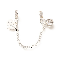 Посеребрённый Латунные цепочки безопасности европейского образца с прозрачными кубическими циркониями и подвесками в виде сердечек., без кадмия, без никеля и без свинца, для изготовления европейских браслетов, 925 серебро покрытием, 75 мм, отверстие : 3 мм
