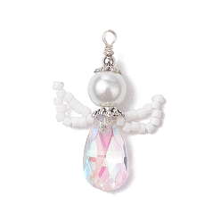 Прозрачный Стеклянные подвески, ангельские прелести, со стеклянной жемчужной бусиной и 304 шовными бусинами из нержавеющей стали и петлей, граненые, прозрачные, 32.5~33x22~25x8 мм, отверстие : 1.8 мм