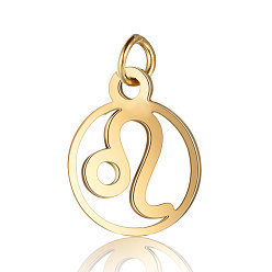 Leo 201 Stainless Steel Charms, with Jump Rings, Polished, Flat Round with Constellation, Golden, Leo, 13x11x1mm, Hole: 2.5mm
