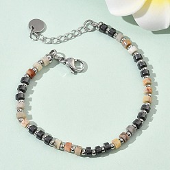 Сумасшедший Агат Браслеты из натуральных бусин из агата и немагнитного синтетического гематита для женщин, колонка, с 201 нержавеющей сталью и 304 фурнитурой из нержавеющей стали, бусина : 3 мм и 4.5x2 мм, 7-1/2 дюйм (19.1 см)