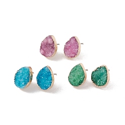 Mixed Color Natural Druzy Quartz Stud Earrings, with Brass Findings, teardrop, Mixed Color, 16~18x12~13x5~8mm, Pin: 0.5mm