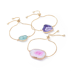 Mixed Color Brass Bolo Bracelets, Slider Bracelets, with Natural Druzy Geode Quartz Crystal Links, Cubic Zirconia and Box Chains, Golden, Mixed Color, 9-1/2 inch(24cm)