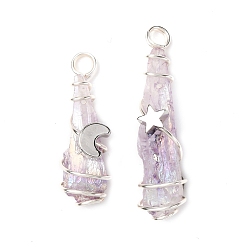 Серебро 2шт. подвески из гальванизированной натуральной кварцевой хрустали, обернутые медной проволокой, подвески-слезинки с латунной звездой и луной, серебряные, 28~37x9.5~15.5x7.5~16 мм, отверстие : 3.5~4 мм