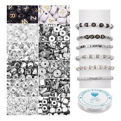 Platin & Silber Bausatz zum Selbermachen von Perlen-Stretch-Armbändern, einschließlich eiserner Strass- und Glasperlen sowie CCB-Kunststoff- und undurchsichtiger Acrylperlen, klarer elastischer Kristallfaden, Platin & Silber, Perlen: 2070 Stück / Set