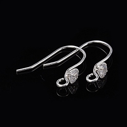 Silver 925 Sterling Silver Earring Hooks, with Rhinestone, Silver, 13x16mm, Hole: 1.5mm, 24 Gauge, Pin: 0.5mm