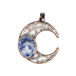 (306FM) Жонкиль матовый с лаймовой подкладкой Ретро полые подвески из натурального снежного обсидиана, луна подвески, с красной медной металлической фурнитурой, 34x30 мм