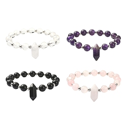 Mixed Stone Mixed Natural Gemstone Round & Bullet Beaded Bracelets, with 304 Stainless Steel Beads, 3/8 inch(0.85cm), Inner Diameter: 2-3/8 inch(6cm)