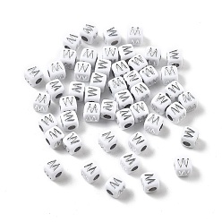Letter W Непрозрачные акриловые бусины, квадрат с буквой, серебристого металла, обвитыми, Буква W, 5x5x5 мм, отверстие : 2 мм, о 5000ocs