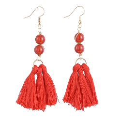 Carnelian Dangle Earrings, with Cotton Thread Tassels, with Natural Carnelian Gemstone Beads and Brass Earring Hooks, Golden, Red, 84mm, Pin: 0.6mm