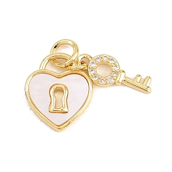 Настоящее золото 18K Подвески из латуни с микро-паве ко Дню святого Валентина, прозрачные циркониевые подвески, с естественной оболочке, Замок в форме сердца с подвесками в виде ключей, без кадмия и без свинца, реальный 18 k позолоченный, 15.5x13x2 мм, отверстие : 4 мм