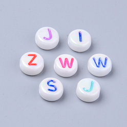 Mixed Color Opaque White Acrylic Beads, Metal Enlaced, Horizontal Hole, Flat Round with Letters, Mixed Color, 7x3.5mm, Hole: 1.8mm, about 3700pcs/500g