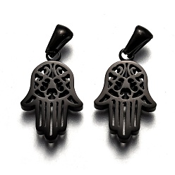 Electrophoresis Black 304 подвески из нержавеющей стали, ручная полировка, hamsa рука / рука fatima / рука miriam, ионное покрытие (ip), электрофорез черный, 21.5x14x3 мм, отверстие : 6x3 мм