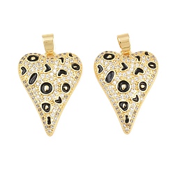 Black Brass Micro Pave Clear Cubic Zirconia Pendants, with Enamel, Heart Charm, Real 18K Gold Plated, Black, 27x20x4.5mm, Hole: 5x4mm
