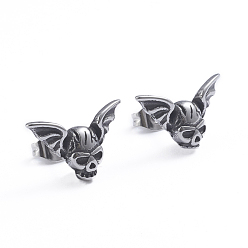 Antique Silver Retro 304 Stainless Steel Stud Earrings, with Ear Nuts, Skull with Wing, Antique Silver, 10x16mm, Pin: 0.7mm