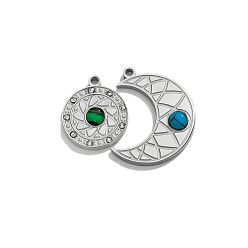 Платина 2 шт. 2 стили подвески из окрашенной синтетической бирюзы и малахита, обереги луны и звезд, с 304 установками из нержавеющей стали, платина, плоско-круглые: 17x15x3 mm, Луна: 24x18.5x4 мм, отверстие : 1.6 мм, 1 шт / стиль
