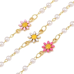 Золотой Латунные цепи с цветочными звеньями, с эмалью и имитация жемчуга абс, пайки, без кадмия, без никеля и без свинца, с катушкой, золотые, 12.5x7.5x2 мм, около 32.81 футов (10 м) / рулон