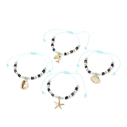 Mixed Color Ocean Theme Adjustable Nylon Thread Braided Bead Bracelets, with Brass Pendants, Natural Shell Beads, Glass Beads and Brass Rhinestone Spacer Beads, Mixed Shapes, Golden, Mixed Color, Inner Diameter: 1-1/2 inch(3.7cm)