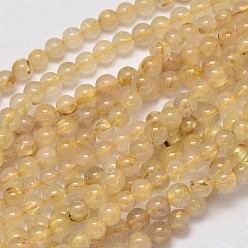 Rutilated Кварц Естественно золото Rutilated кварцевые нити шарик круглый, 6 мм, отверстие : 1 мм, около 65 шт / нитка, 15.5 дюйм