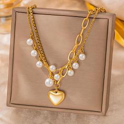 Golden 304 Stainless Steel & Plastic Pearl Pendant Double Layer Necklaces, Heart, White, Golden, 14.17 inch(36cm)