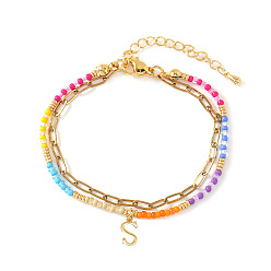 Letter S 304 Браслеты из нержавеющей стали с подвесками в виде букв, двухслойные, Эластичные браслеты из смоляных бусин для женщин, золотые, Письмо с, 6.50 дюйм (16.5 см) ~ 6.69 дюйм (17 см)